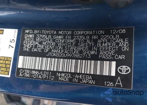 2009 Toyota Prius Standard/Touring from USA, damaged, VIN JTDKB20U997882713